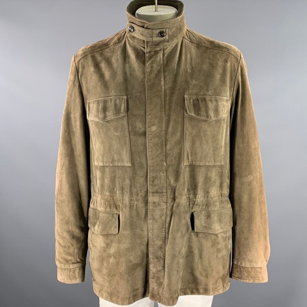 LORO PIANA Size XXL Khaki Solid Suede Field Jacket